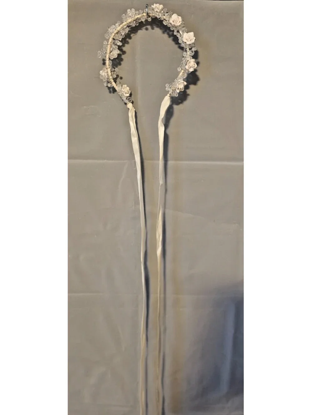 Ivory Floral Bridal Halo Headpiece Roses Crystal Beads Ribbon Tie Crown
